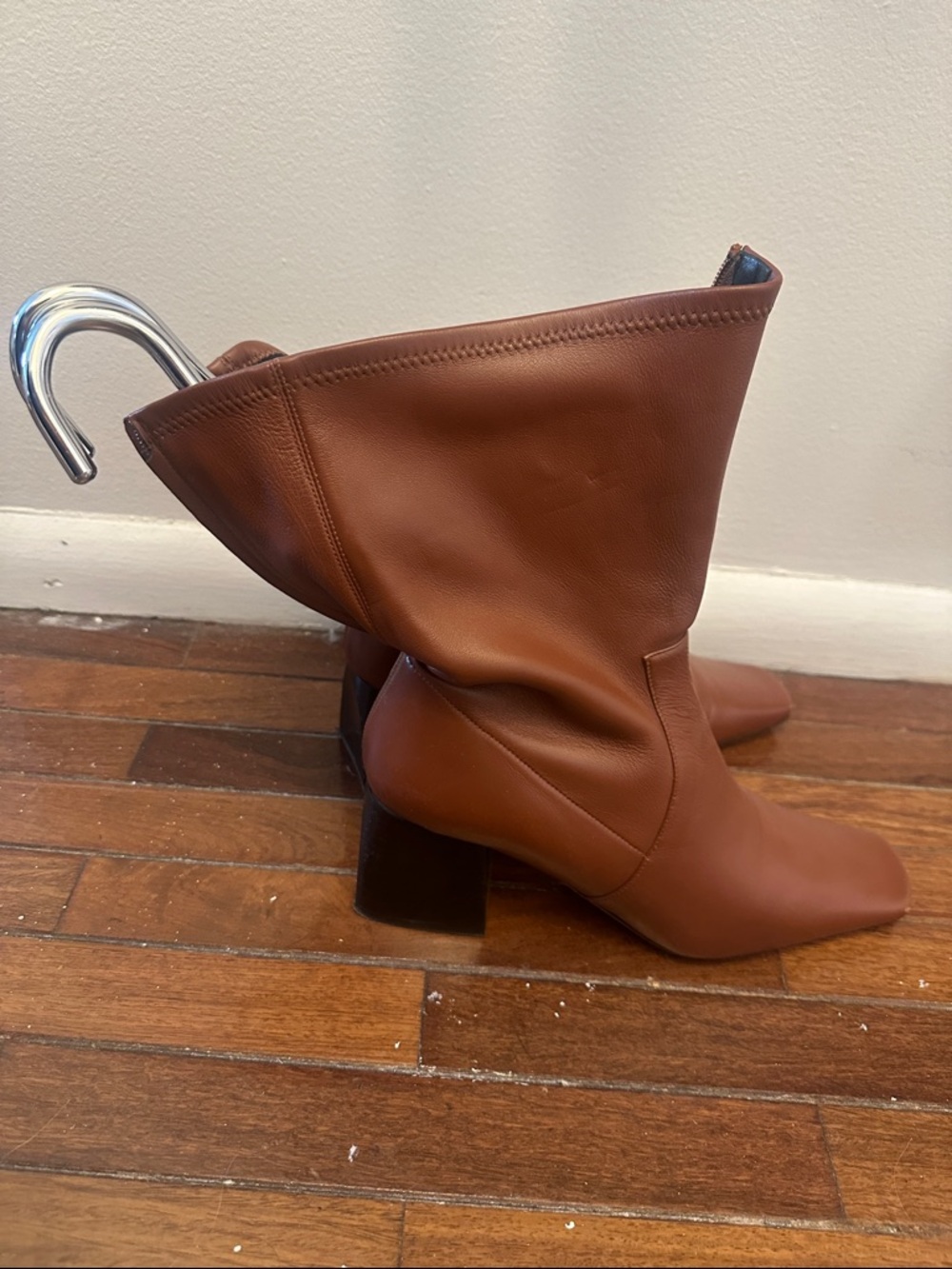 Women's Tan Leather Mid-Calf Block Heel Boots